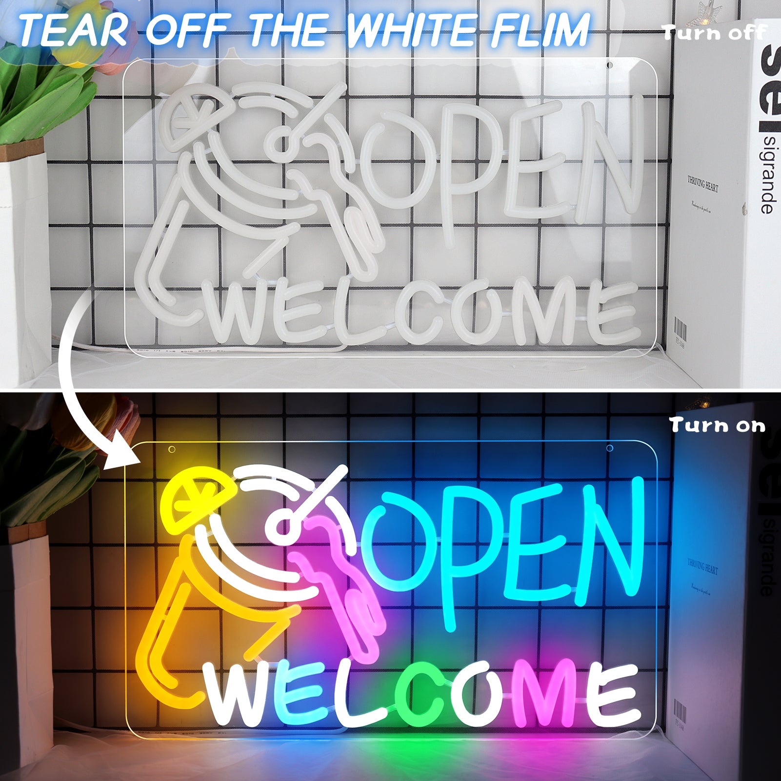 Neonschild „OPEN WELCOME“ – USB-betrieben | 41×23 cm (16×9 Zoll) | Mehrfarbiges Leuchten | LED-Fensterlicht mit Cocktail-Design für Bar, Café, Schaufenster