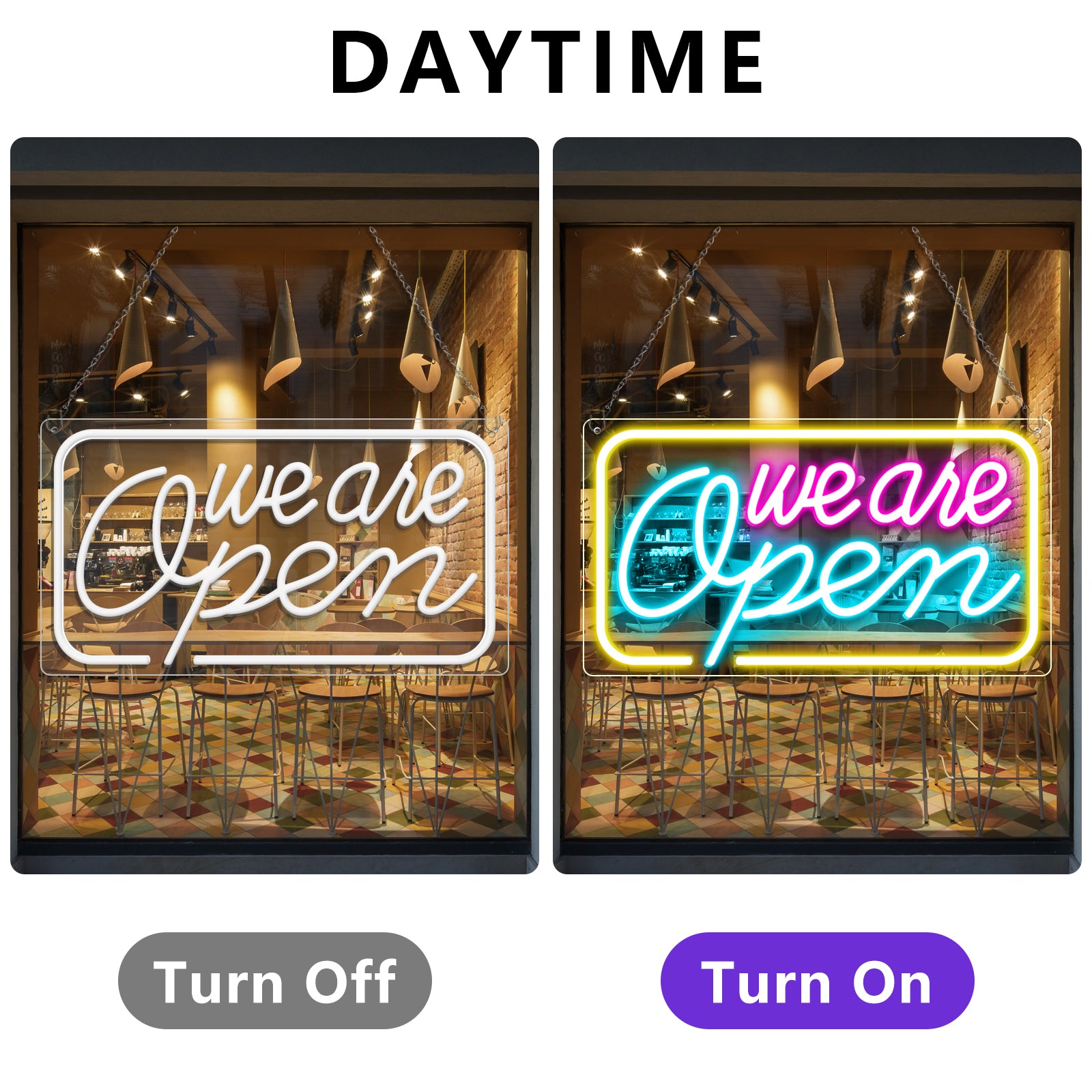 Enseigne néon « Nous sommes ouverts » – 5 couleurs de lumière | 60 x 32 cm | Suspension | Prêt à l'emploi pour vitrines