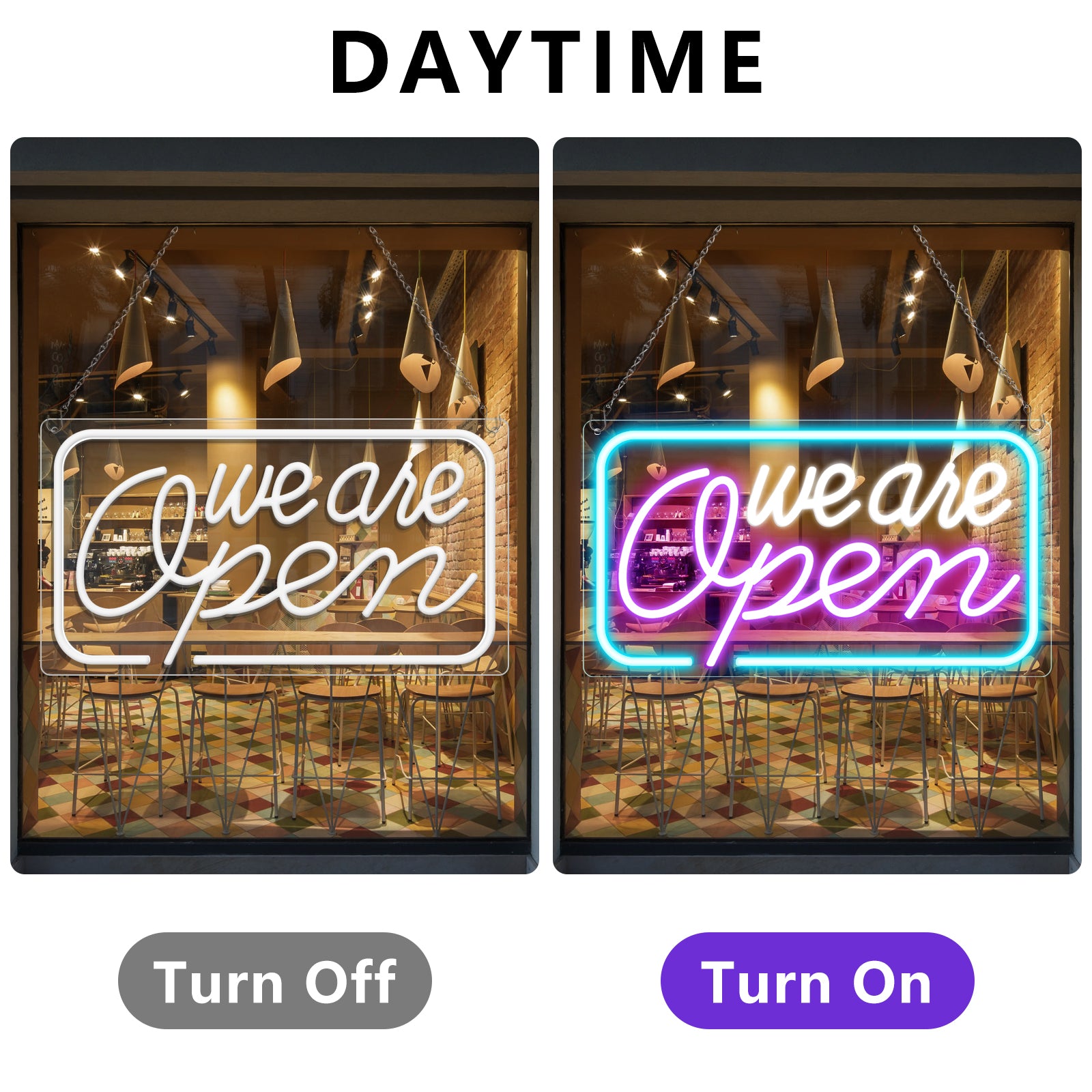 Wir haben geöffnet – Neonschild – 5 Leuchtfarbenoptionen | 42×23 cm (17×9 Zoll) | Fensteraufhängung | Plug & Play für Schaufenster