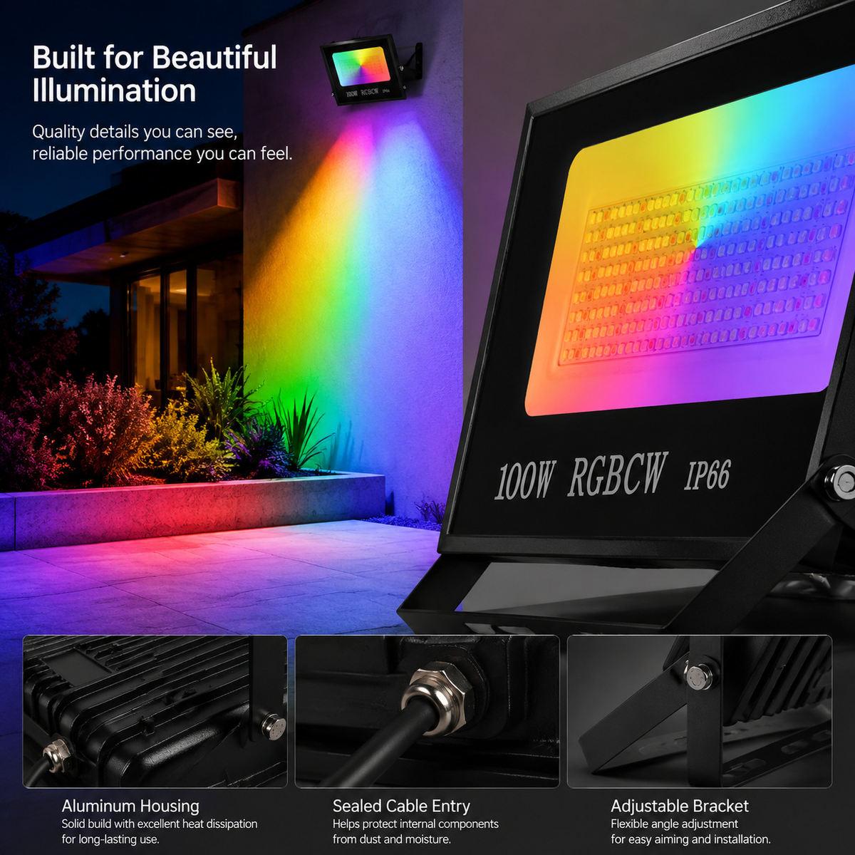 FL-SM Series Smart RGBCW LED Flood Light – 30W - 200W | Bluetooth / WiFi APP | 2700K–6500K Tunable White + 16 Million Colors | IP66 Waterproof Landscape Light with Music Sync | Works with Alexa & Google Assistant | With Plug | 2 / 10-Pack