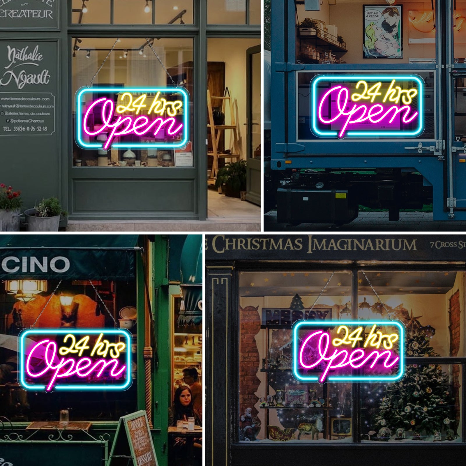 Enseigne néon « Ouvert 24h/24 » – Bleu glacier, jaune et violet | 40 x 23 cm | Suspension lumineuse pour vitrine de magasin ouverte 24h/24, prête à l'emploi