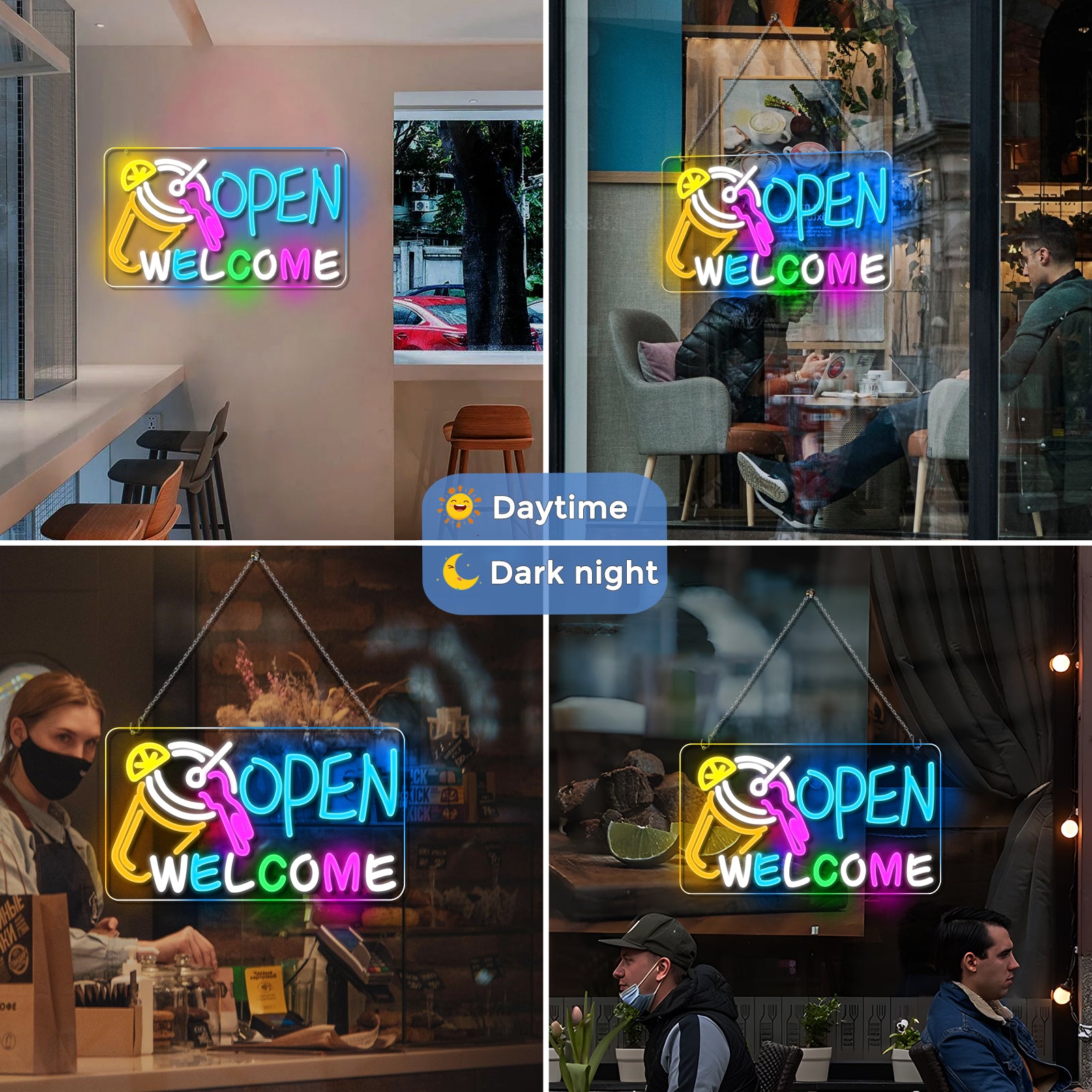 Neonschild „OPEN WELCOME“ – USB-betrieben | 41×23 cm (16×9 Zoll) | Mehrfarbiges Leuchten | LED-Fensterlicht mit Cocktail-Design für Bar, Café, Schaufenster