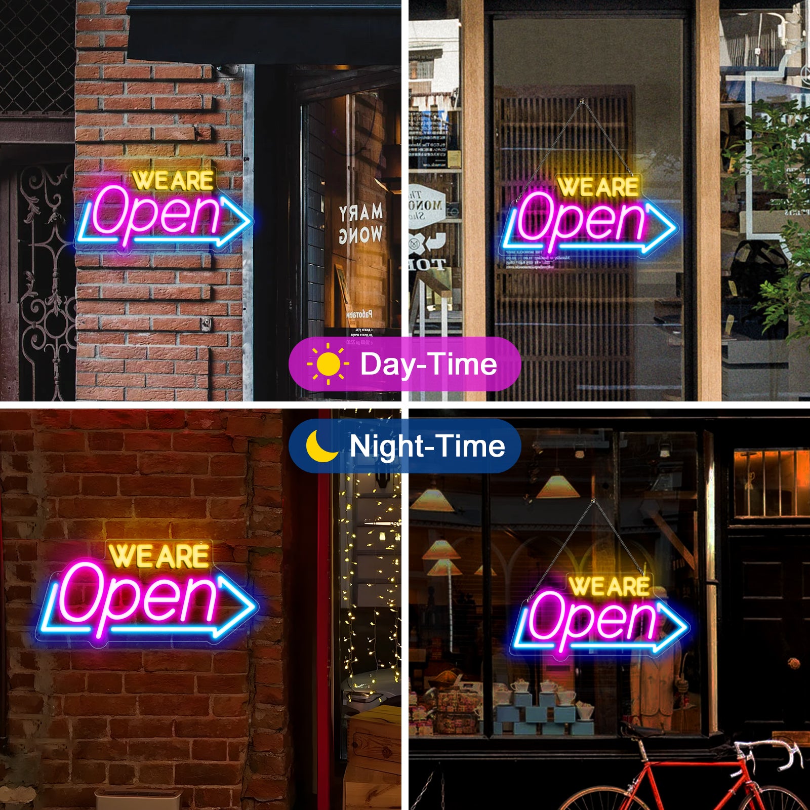 Enseigne néon « OUVERT » – Alimentation USB | 41 x 20 cm | Enseigne LED en forme de flèche | 3 combinaisons de couleurs pour vitrine