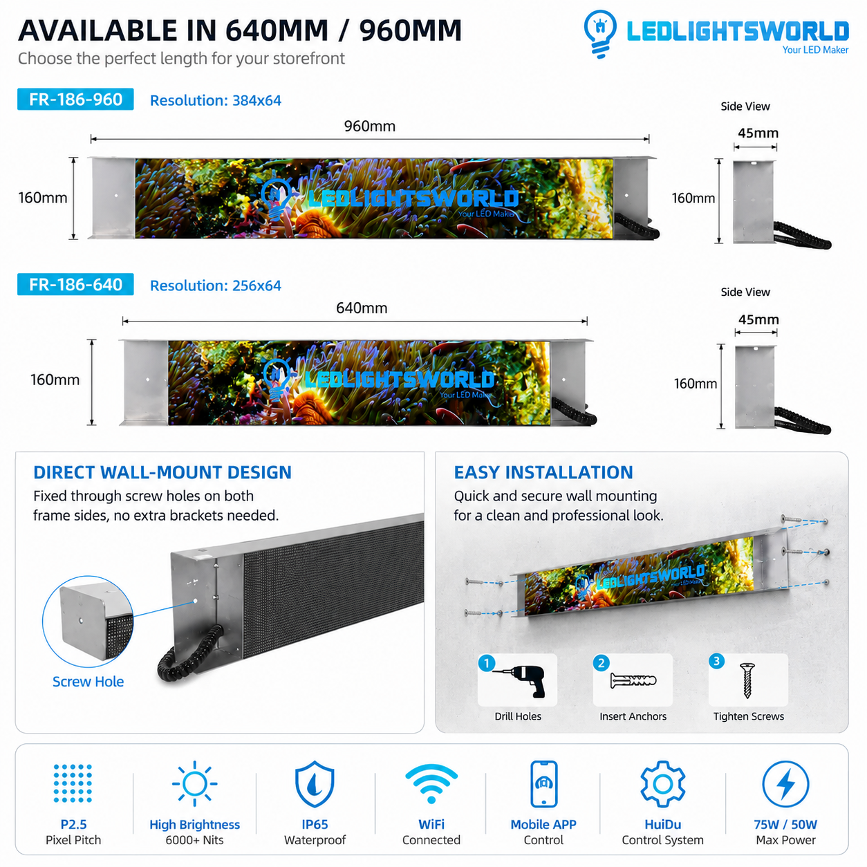 FR Series Framed Outdoor LED Shop Display – P2.5 · 160×960mm | Waterproof High-Brightness Screen for Storefronts & Building Exteriors