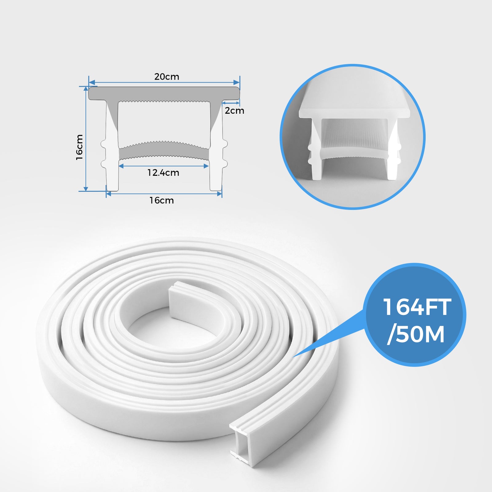 16×16mm Quick Install Neon Light Housing – S1616 Mounting Edge | Silicone LED Channel System | Max Strip Width ≤12 mm | Flat-Top Silicone Diffuser | for Architectural Cove Lighting & Retail Display Lighting | 164FT/50M