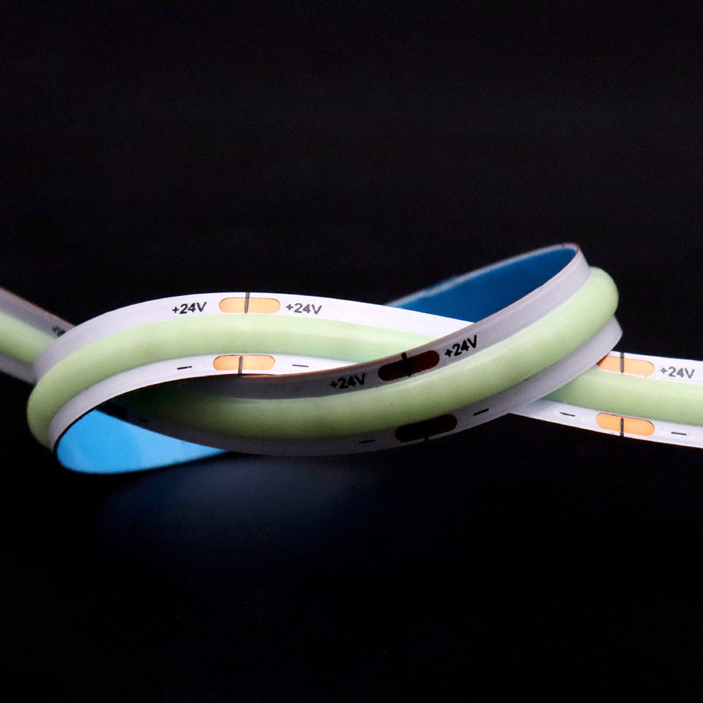 5 Meter Rolle mit eisblauem COB-LED-Flexstreifen, punktfrei, 24 V, mit 512 LEDs, 14 Watt pro Meter, flexibles LED-Band, 10 mm breite Leiterplatte, nicht wasserdicht