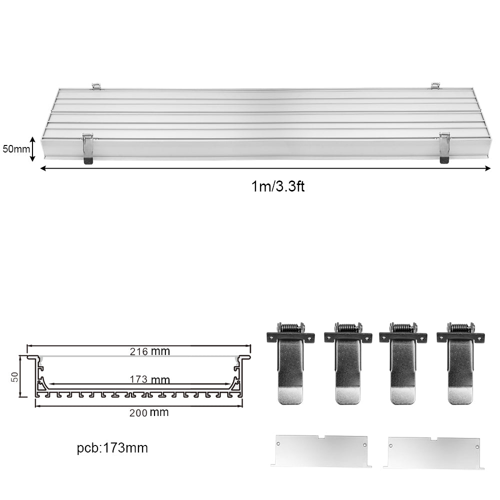 Wide Recessed LED Aluminum Channel H20050B – 173mm Inner Width | Silver | Milky White Cover | With Installation Accessories | – Flush Mounting Linear Office Lighting – 1m / 2m | 10 / 20-Pack