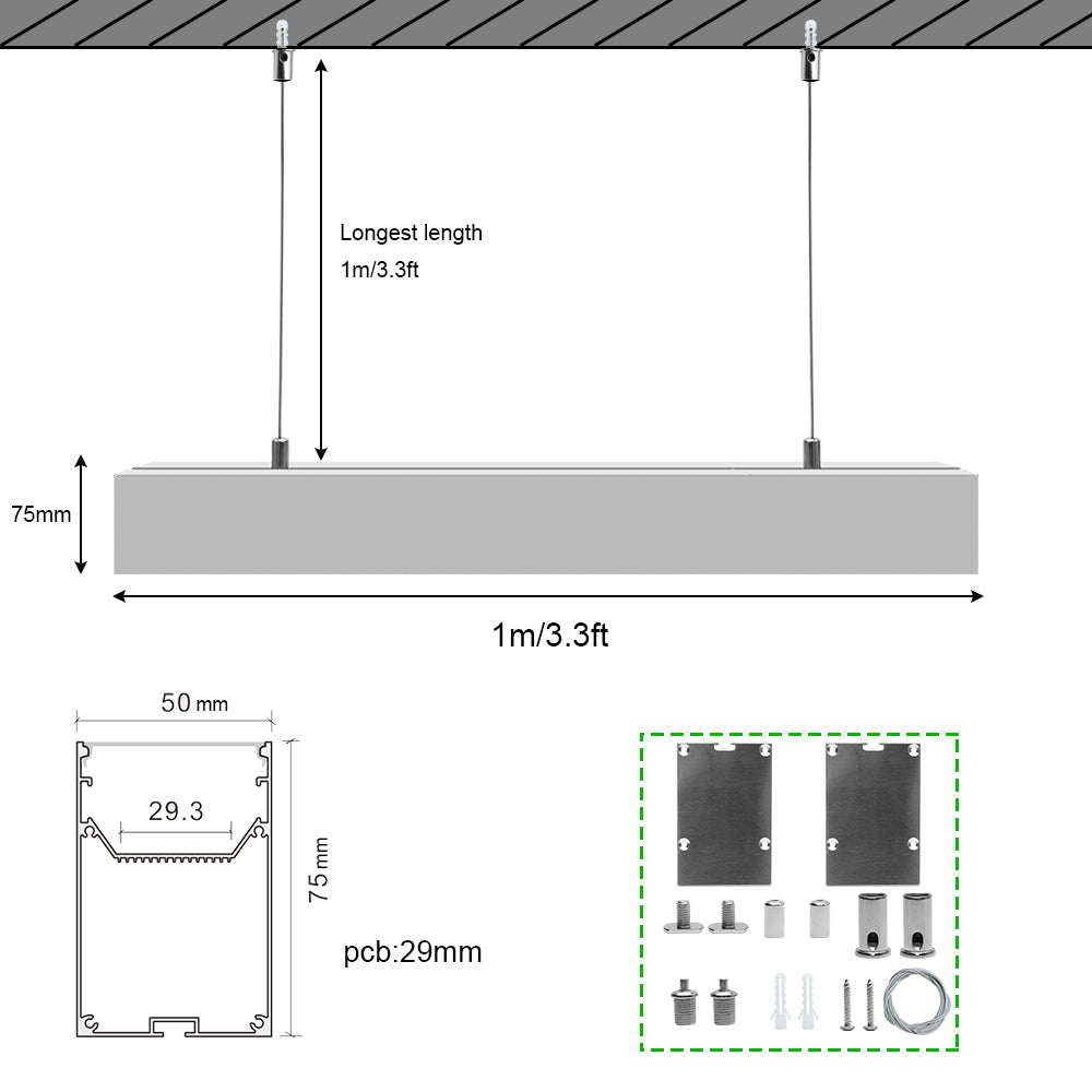 Wide Pendant LED Aluminum Channel H5075B – 29.3mm Inner Width | Silver | Milky White Cover | With Installation Accessories | – Suspension Mounting Linear Office Lighting – 1m / 2m | 10 / 20-Pack