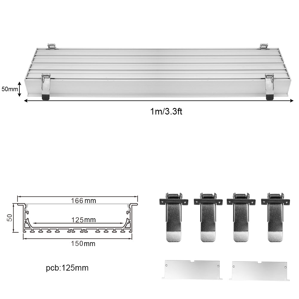 Wide Recessed LED Aluminum Channel H15050B – 125mm Inner Width | Silver | Milky White Cover | With Installation Accessories | – Flush Mounting Linear Office Lighting – 1m / 2m | 10 / 20-Pack