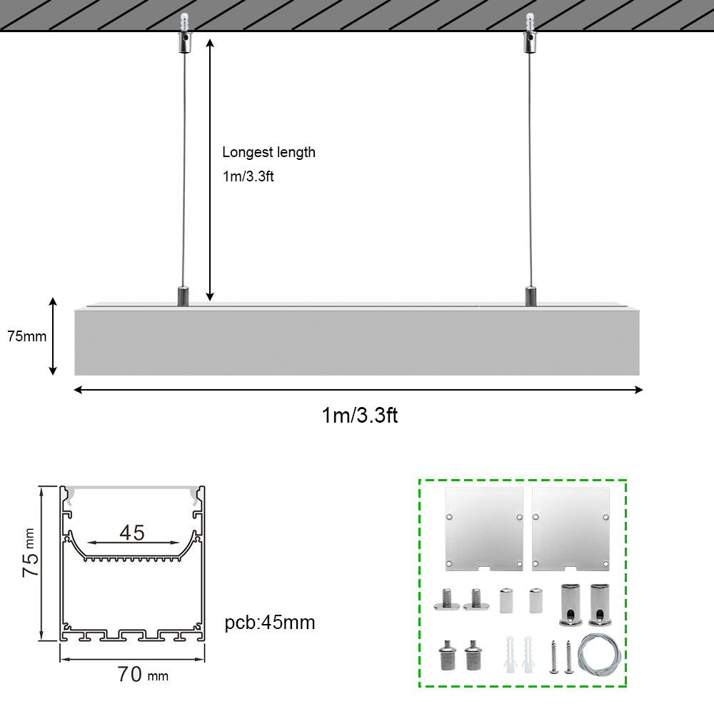 Wide Pendant LED Aluminum Channel H7075B – 45mm Inner Width | Silver | Milky White Cover | With Installation Accessories | – Suspension Mounting Linear Office Lighting – 1m / 2m | 10 / 20-Pack