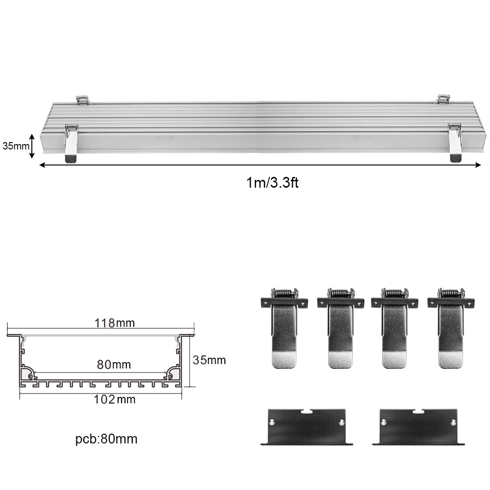 Wide Recessed LED Aluminum Channel H10235B – 80mm Inner Width | Silver | Milky White Cover | With Installation Accessories | – Flush Mounting Linear Office Lighting – 1m / 2m | 10 / 20-Pack