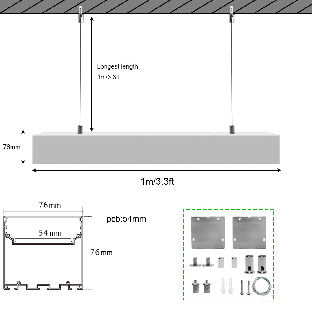 Wide Pendant LED Aluminum Channel H7676B – 54mm Inner Width | Silver | Milky White Cover | With Installation Accessories | – Suspension Mounting Linear Office Lighting – 1m / 2m | 10 / 20-Pack