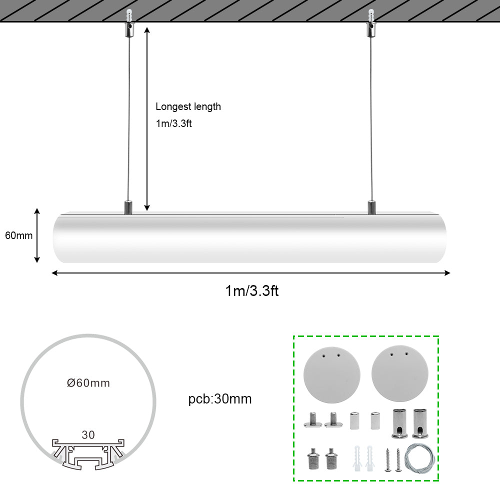 Round Extruded Suspended Linear LED Aluminum Profile D60-B – 60mm Dia| 30mm Inner Width | Silver | Milky White Cover | With Installation Accessories | – 1m / 2m | 20 / 50-Pack