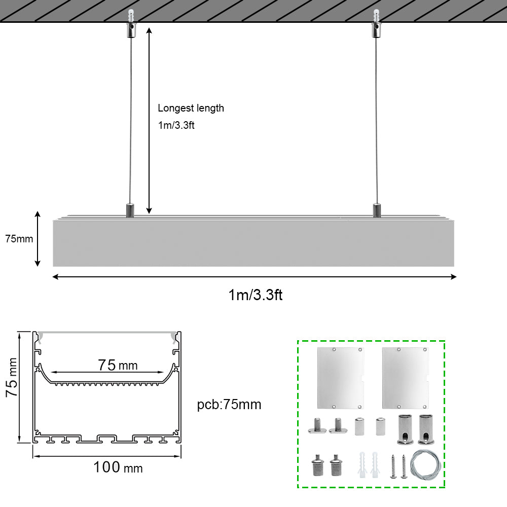 Large profilé LED suspendu en aluminium H10075B – Largeur intérieure 75 mm | Argent | Cache blanc laiteux | Avec accessoires d'installation | Éclairage linéaire de bureau à montage suspendu – 1 m/2 m | Lot de 10/20