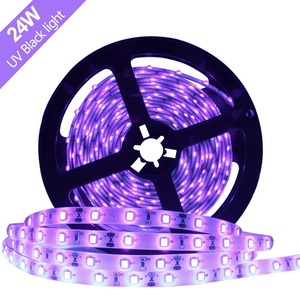 24W UV Black Light LED Strip 16.4FT/5M UV 3528 300LEDs 395nm-405nm Waterproof LED Strip Light for Night Fishing,Party w/ 12V 2A Power Supply
