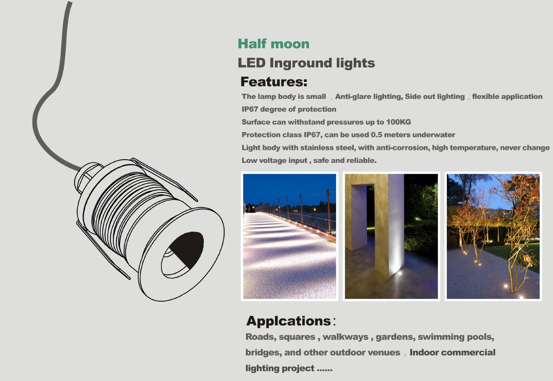 8pcs Pack 1W/3W DC12-24V IP67 LED Step Light Stainless Steel Inground LED Light with Anti-glare Half Moon Brushed Lens