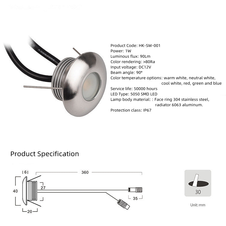 8PCS Pack 1W DC12V IP65 Recessed LED Wall Corner Light Outdoor LED Step Lights Stainless Steel Inground Light
