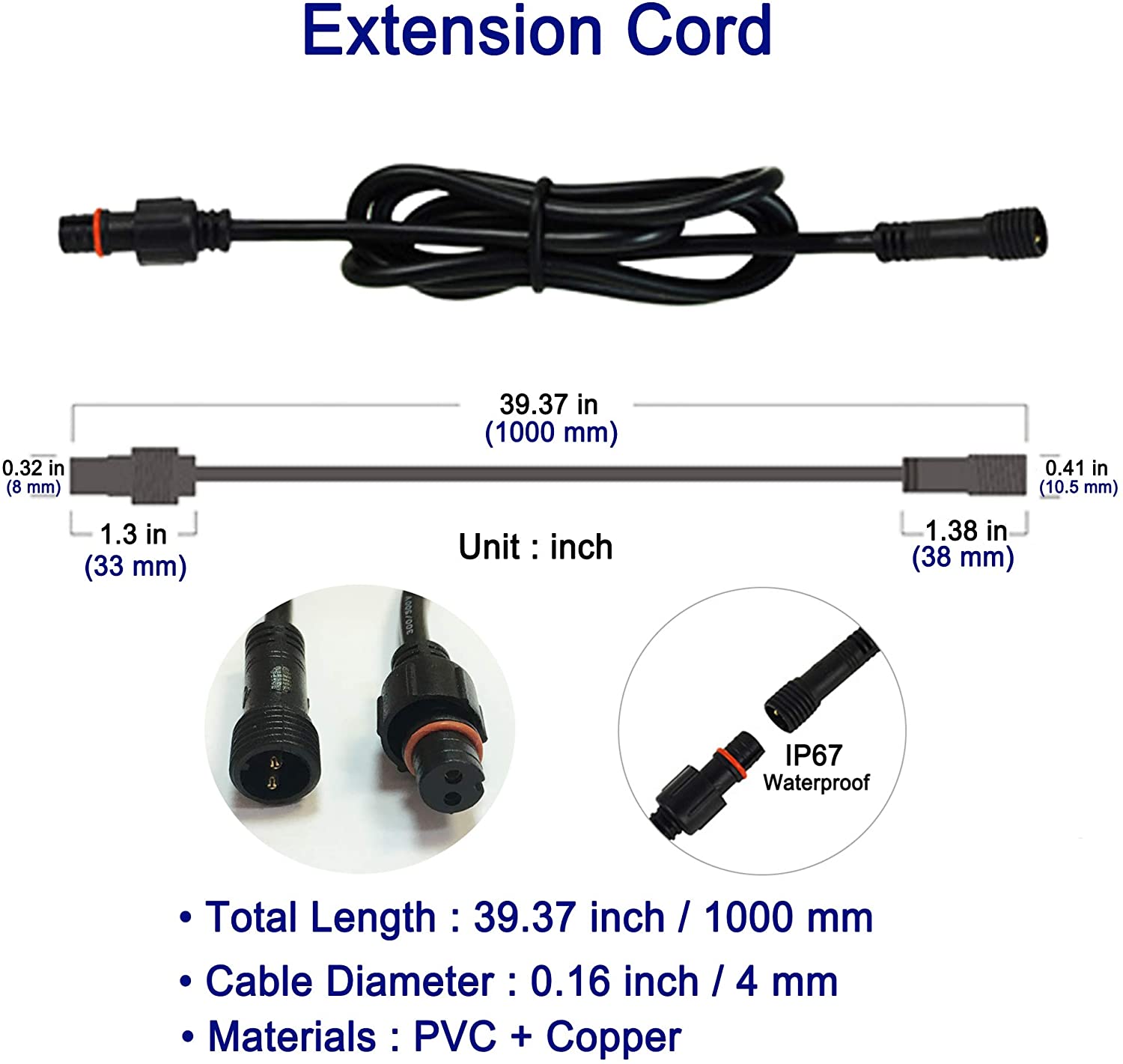 4pcs Pack Extension Cord, 3.28ft 2Pins with Waterproof Male and Female Connector, Copper Core Wire, Lighting Accessories Fittings for LED Inground/Step Stair/Underwater Swimming Pool Lights