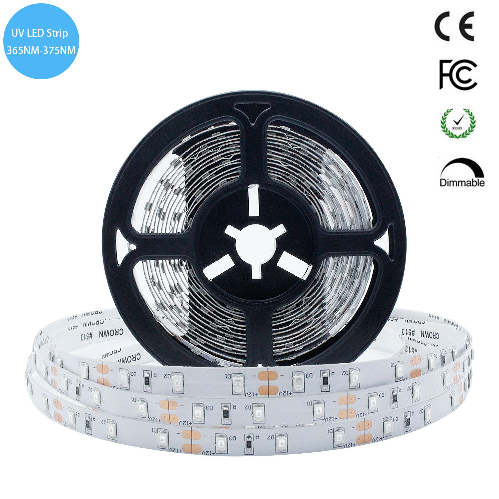365–370nm SMD2835 UV LED Strip Light – 16.4FT / 5M | 60 / 120 / 240 LEDs/m | DC12V | Non-Waterproof / IP67 Waterproof | Not Include Power Supply | For Curing, Fluorescence & Currency Validation