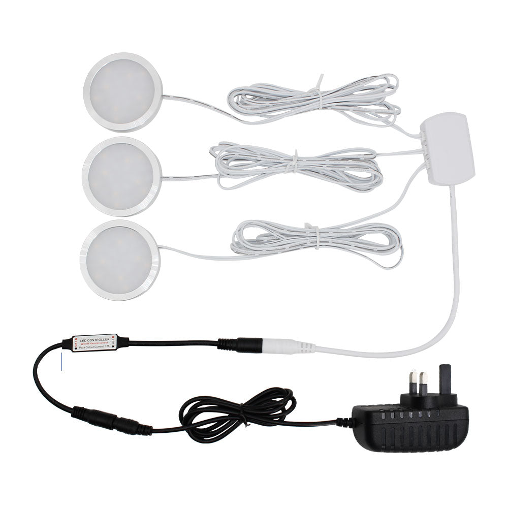 A-Series 3 Pack (3*2W) Dimmable CRI 90 Ultra Thin LED Under Cabinet Puck Lights With Dimmer & Power Adapter,  All Accessories Included