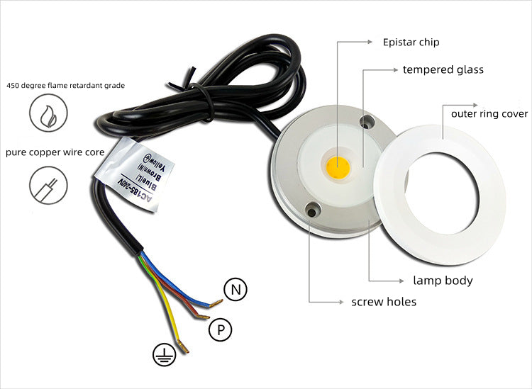 Lot de 2 rondelles LED étanches – 3 W | Blanc chaud / lumière du jour | Blanc / Argent / Noir | Câblé | Intensité variable avec variateur compatible | CA 110 V / 220 V | Fixation adhésive