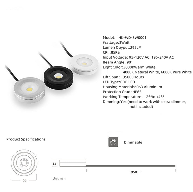 2er-Pack wasserdichte LED-Puck-Leuchten – 3 W | Warm-/Tageslichtweiß | Weiß/Silber/Schwarz | Festverdrahtet | Dimmbar mit kompatiblem Dimmer | AC 110 V/220 V | Klebemontage