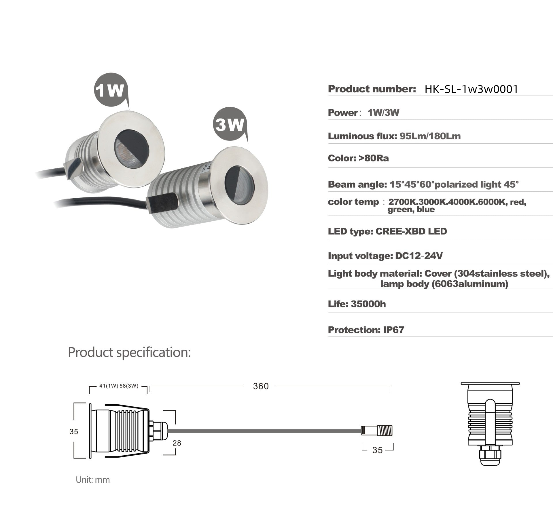 8pcs Pack 1W/3W DC12-24V IP67 LED Step Light Stainless Steel Inground LED Light with Anti-glare Half Moon Brushed Lens