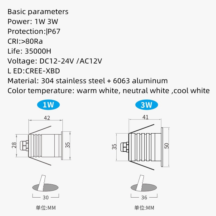 Lot de 8 spots LED d'extérieur en acier inoxydable, étanches, à intensité variable, antireflet, 1 W/3 W, IP67