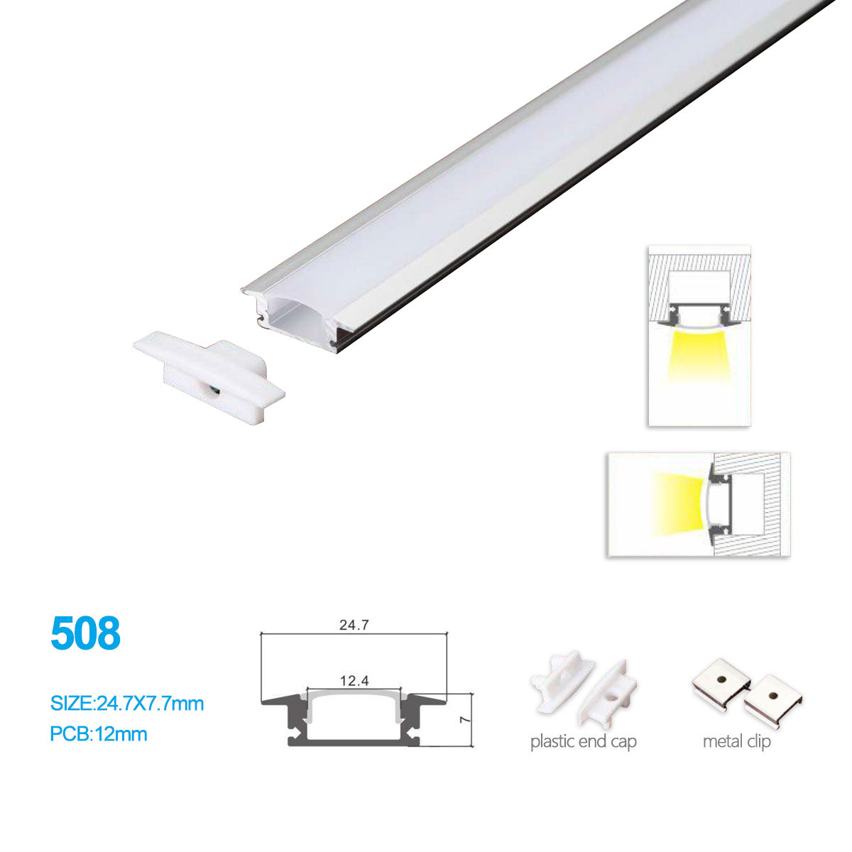 24.7*7 MM Wall Mounted LED Aluminum Profile Kit 508-B – 12mm Inner Width | Silver | Milky White Cover | With Installation Accessories | – Aluminum Profile – 1m / 2m / 3m | 50 / 100-Pack