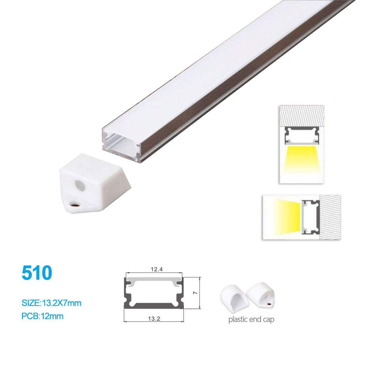 13.2*7 MM LED Aluminum Profile Kit 510-B – 12mm Inner Width | Silver | Milky White Cover | With Installation Accessories | – Aluminum Profile – 1m / 2m / 3m | 50 / 100-Pack
