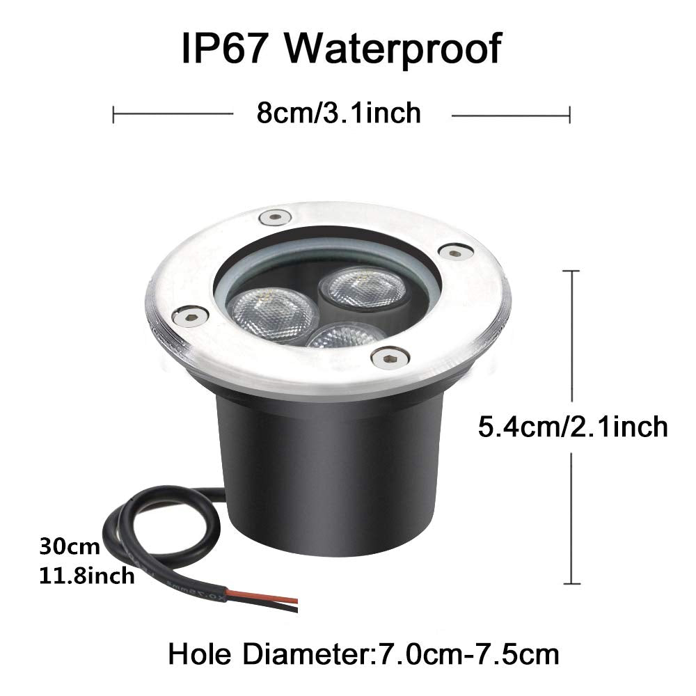 3W Low Voltage Inground LED Spotlight – Warm White | DC 12V / 24V | IP67 Waterproof | Outdoor Landscape & Path Lighting | for Driveway, Deck, Step & Garden Lighting | 6-Pack