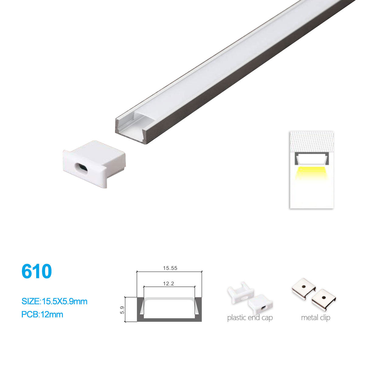 15.5*5.9MM LED Aluminum Profile Kit 610-B – 12mm Inner Width | Silver | Milky White Cover | With Installation Accessories | – Aluminum Profile – 1m / 2m / 3m | 50 / 100-Pack
