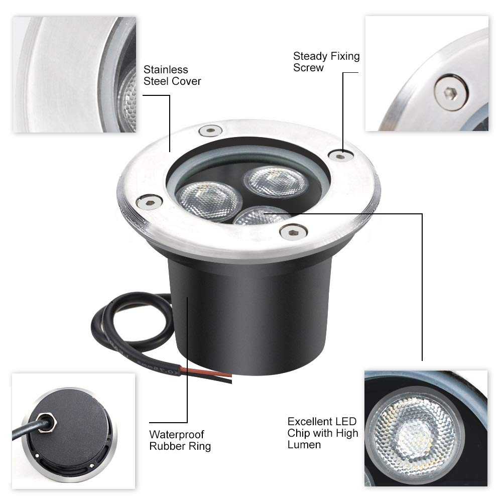 3W Low Voltage Inground LED Spotlight – Warm White | DC 12V / 24V | IP67 Waterproof | Outdoor Landscape & Path Lighting | for Driveway, Deck, Step & Garden Lighting | 6-Pack