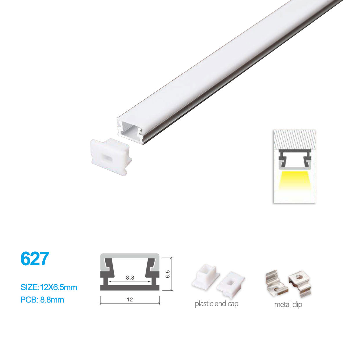 12*6.5MM LED Aluminum Profile Kit 627-B – 8.8mm Inner Width | Silver | Milky White Cover | With Installation Accessories | – Aluminum Profile – 1m / 2m / 3m | 50 / 100-Pack