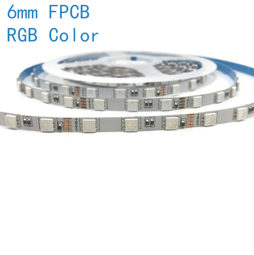 6MM Wide SMD5050 RGB LED Strip Light - DC12V | 60 LEDs/M | 6mm PCB | Non-Waterproof | for Mirror, Kitchen Cabinet, Bedroom | 5/50M