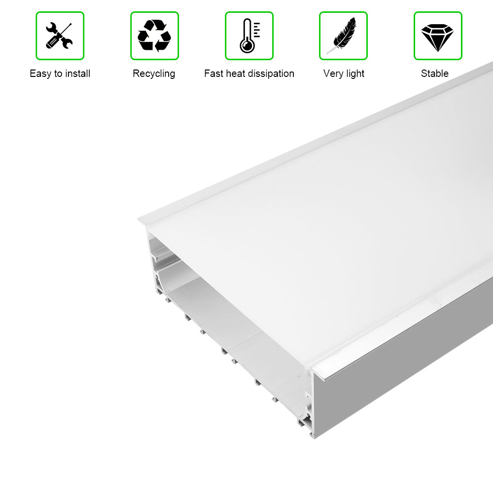 Wide Recessed LED Aluminum Channel H15050B – 125mm Inner Width | Silver | Milky White Cover | With Installation Accessories | – Flush Mounting Linear Office Lighting – 1m / 2m | 10 / 20-Pack