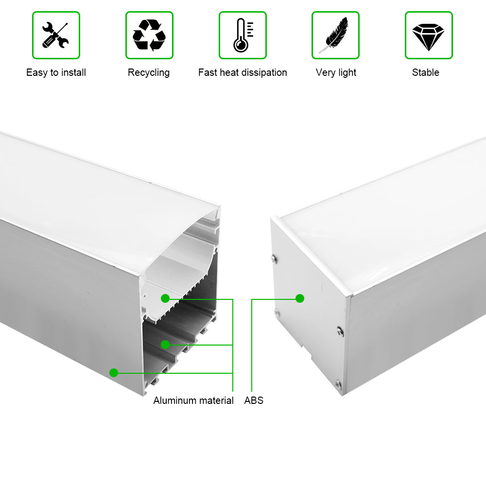 Larges profilés LED suspendus en aluminium H7075B – Largeur intérieure 45 mm | Argent | Cache blanc laiteux | Avec accessoires d'installation | Éclairage linéaire de bureau à montage suspendu – 1 m/2 m | Lot de 10/20