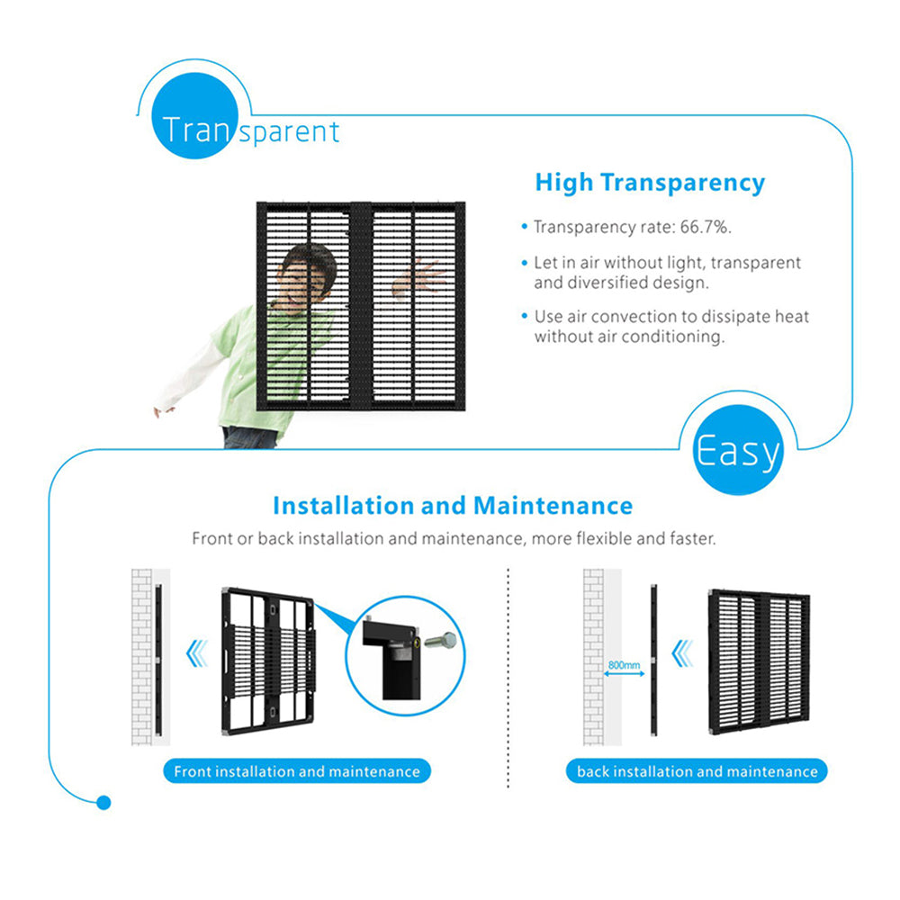 Écran LED extérieur transparent oClear Pro Series P15.6/15.6 mm, étanche, haute luminosité 6 800 nits, dimensions 1 000 x 1 000 mm, boîtier en aluminium pour installation fixe