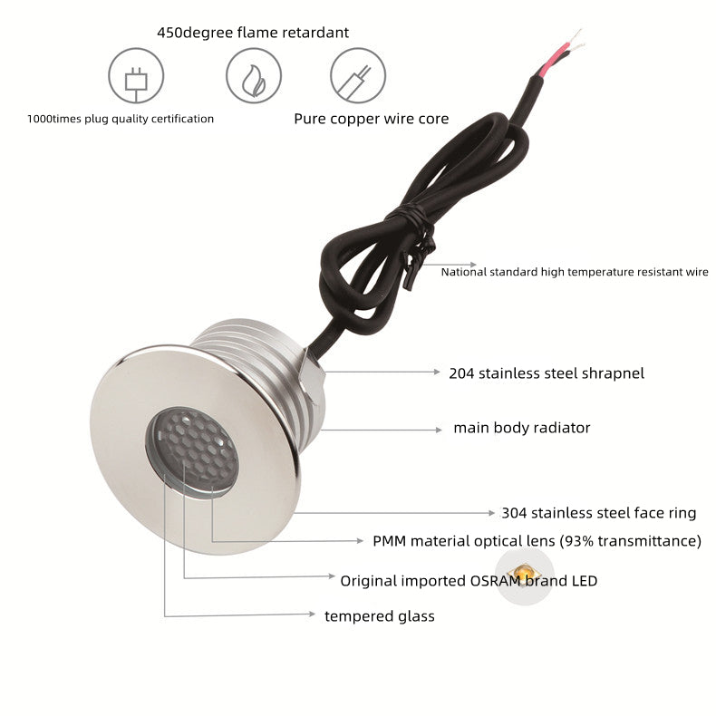 Lot de 6 spots encastrés extérieurs en acier inoxydable, 3 W, 12 V-24 V CC, IP67, antireflet, montable, à intensité variable, en nid d'abeille