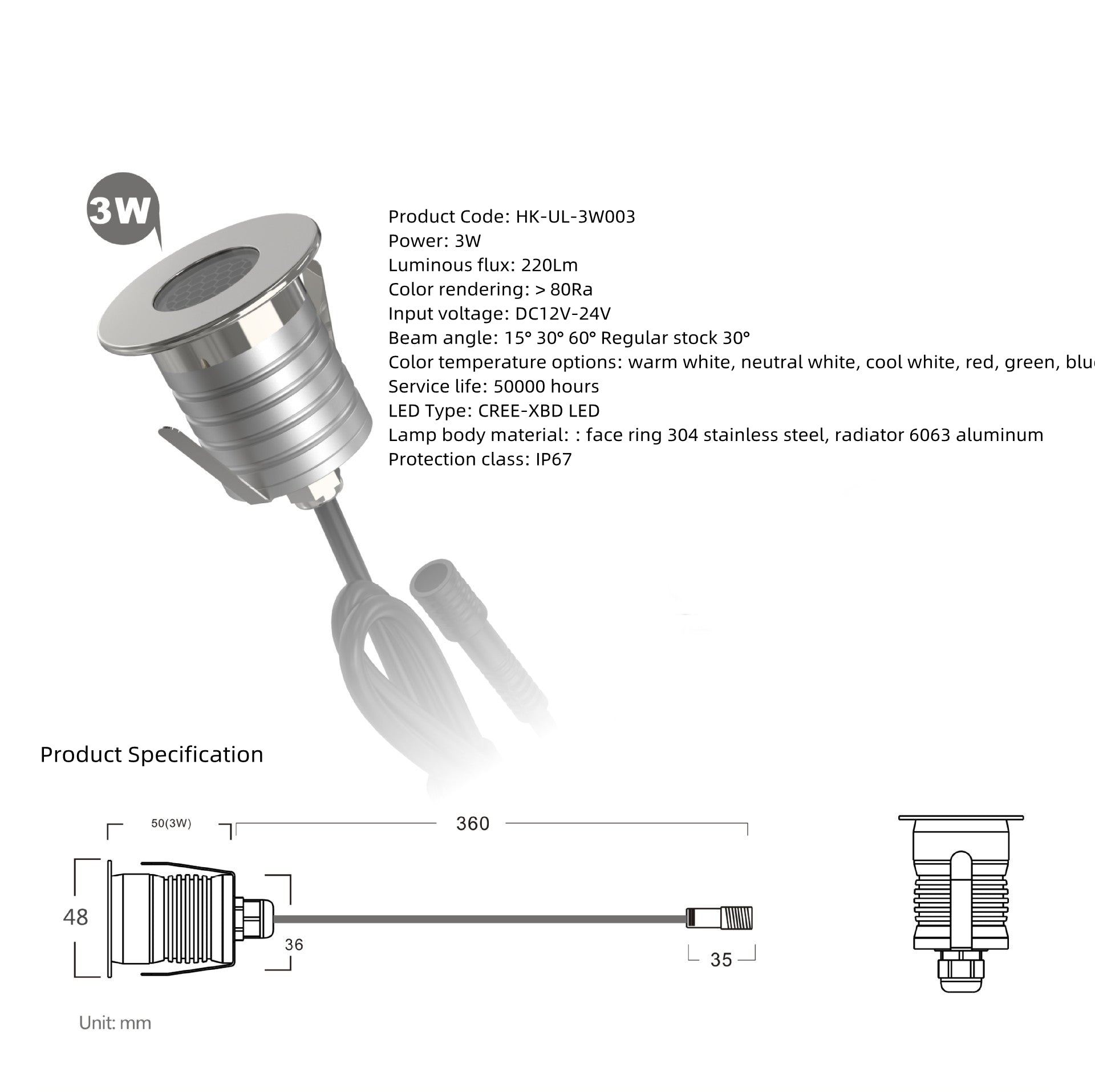 Lot de 8 spots LED d'extérieur en acier inoxydable, étanches, à intensité variable, antireflet, 1 W/3 W, IP67