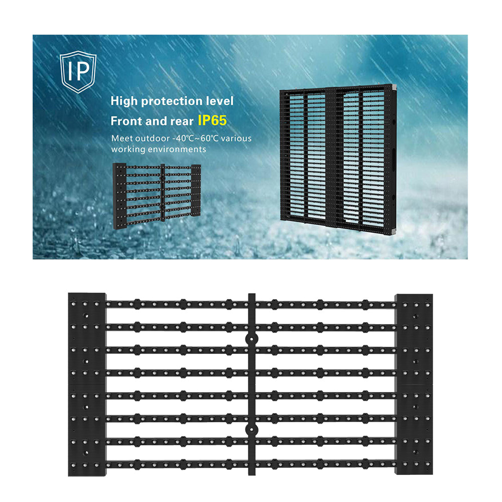 Écran LED extérieur transparent oClear Pro Series P15.6/31.2 mm, étanche, haute luminosité 7 500 nits, dimensions 1 000 x 1 000 mm, boîtier en aluminium pour installation fixe