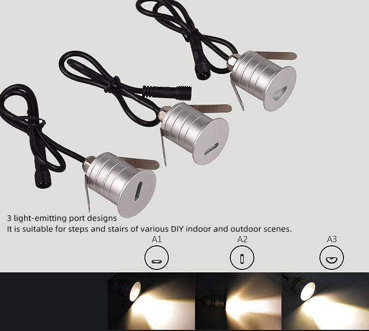 Lot de 8 spots LED encastrés étanches DC12-24 V 1 W IP67 avec lentilles A1/A2/A3 pour marches, escaliers et terrasses