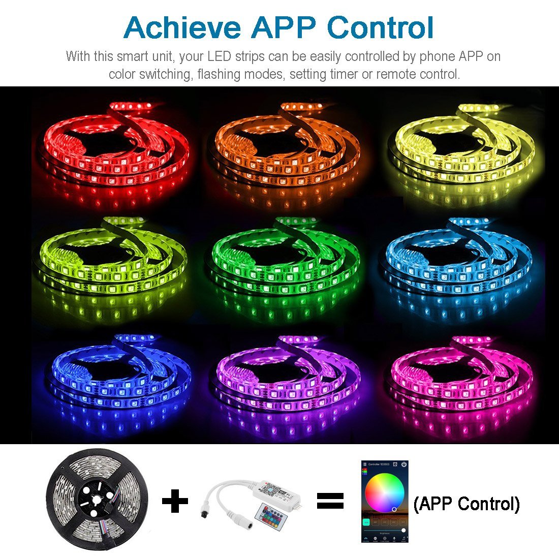 Kit de bande lumineuse LED RGB 300 LED SMD5050 de 5 m, synchronisation musicale, télécommande infrarouge, contrôle par application Wi-Fi, compatible Alexa