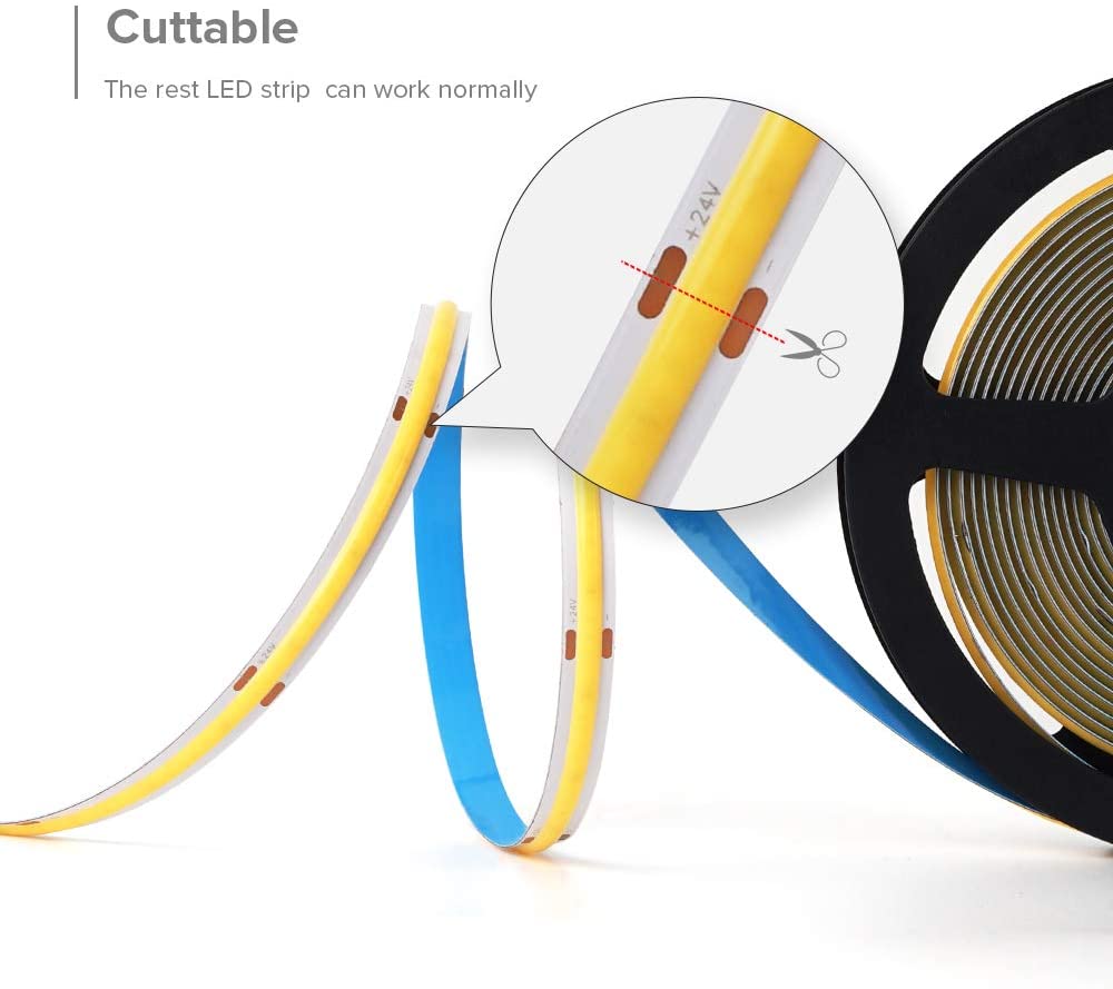 FCOB Flexible LED Strip Light | 5m (16.4ft) Roll | CRI90 | 3000K / 4000K / 6500K | 320 / 480 LEDs per Meter | 8W / 10W | 12V / 24V | 8mm Wide | Dimmable Indoor IP00 LED Ribbon