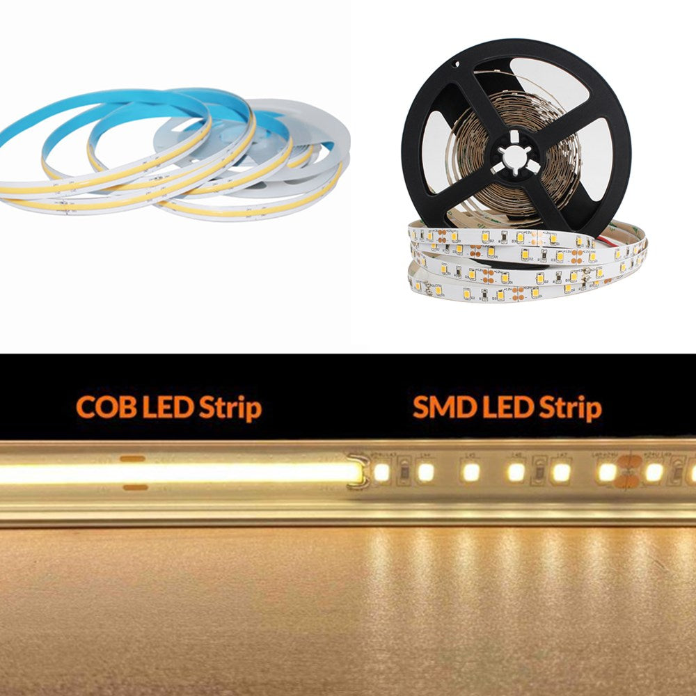 CCT Adjustable (Dual White) FCOB LED Strip Light 5M (16.4FT) | 608 LEDs/m | 14W/m | 12V/24V | 10mm Wide Flexible Dimmable LED Ribbon | IP20 Indoor Lighting (Strip Only / Complete Kit)