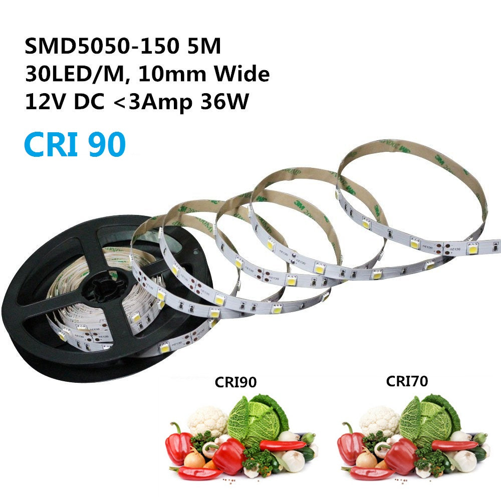 Bande LED IRC 90 élevé, rouleau de 5 mètres, SMD5050-150, 30 LED, 450 lm par mètre, bande lumineuse LED 12 V, largeur de bande 10 mm