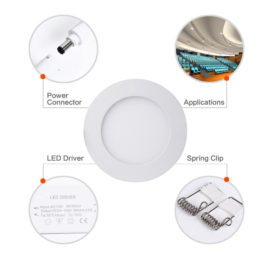 Panneau lumineux LED blanc à finition ronde de 10 mm d'épaisseur, encastré au plafond, 100-240 V CA