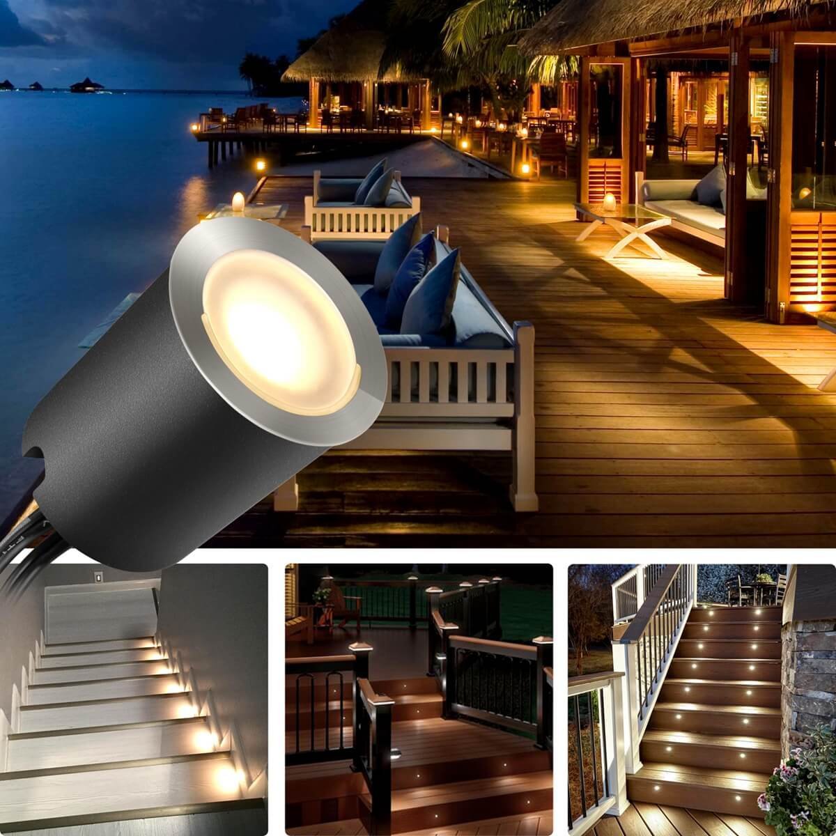 Lot de 16 spots LED encastrés d'extérieur, étanches IP67, avec coque de protection noire, pour jardin, cour, escaliers, salle de bain et cuisine