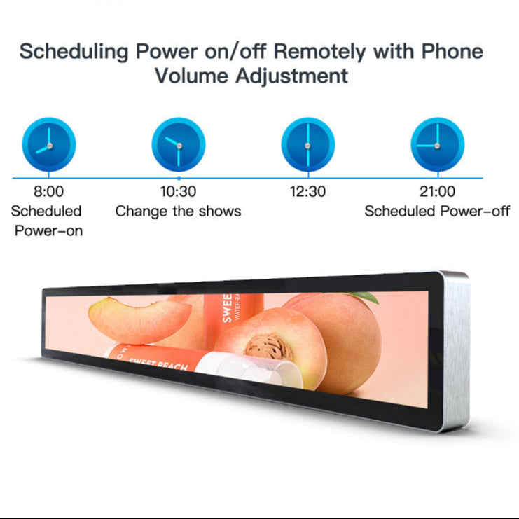 56,6 Zoll (1431 × 160 mm sichtbar) kommerzielles Android-Stretched-LCD-Balkendisplay | Ultrabreiter Regalbildschirm | Cloud / USB / Mobile App