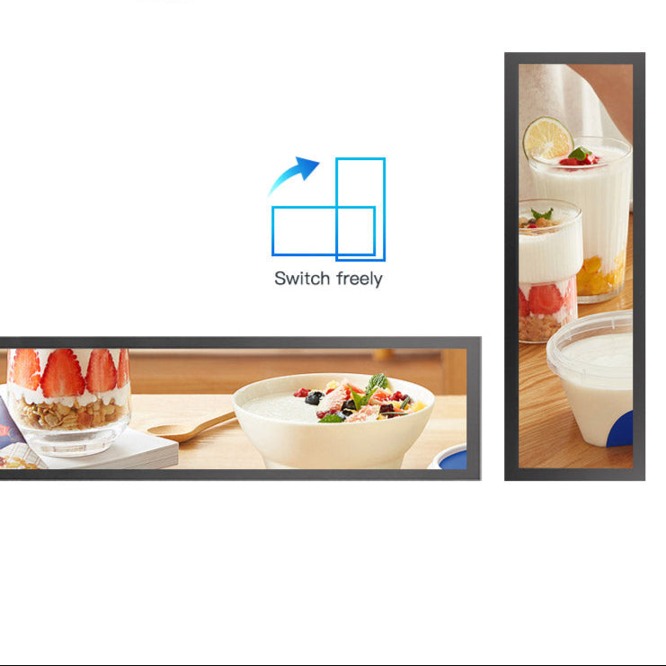 56,6 Zoll (1431 × 160 mm sichtbar) kommerzielles Android-Stretched-LCD-Balkendisplay | Ultrabreiter Regalbildschirm | Cloud / USB / Mobile App